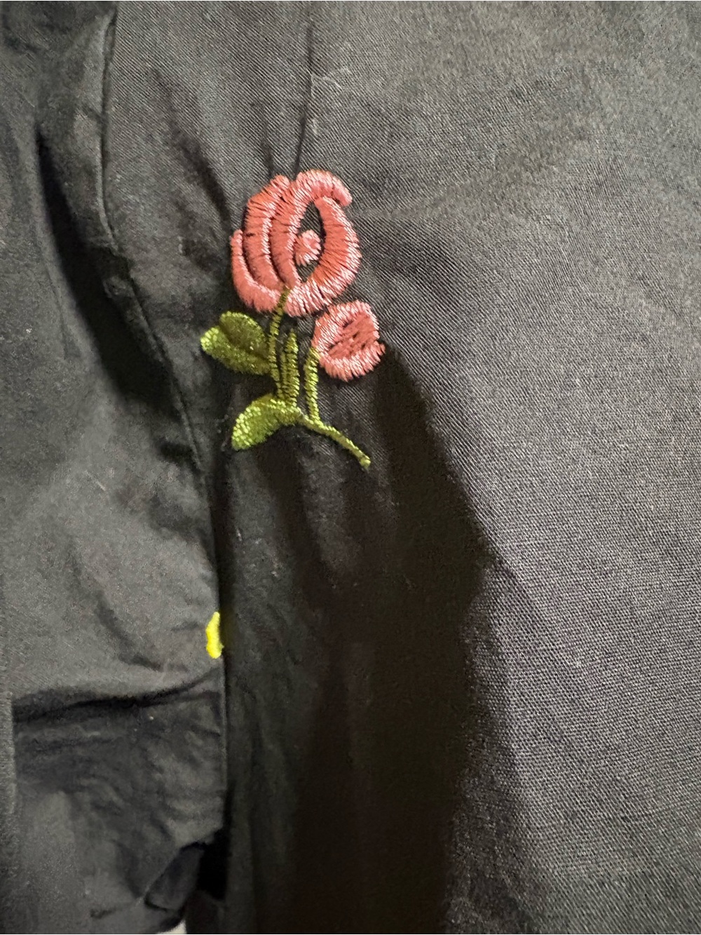 Women’s Black Floral Tie-Front Top - Pink & Yellow Rose Slenderizing!Embroidery! - Picture 4 of 14